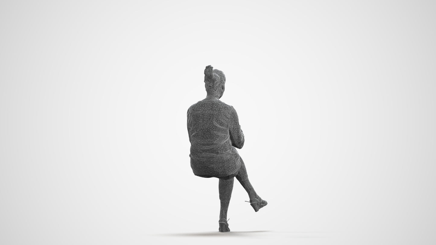 photogrammetry 3D woman casual sitting, realistic human model archviz FBX, wireframe front view