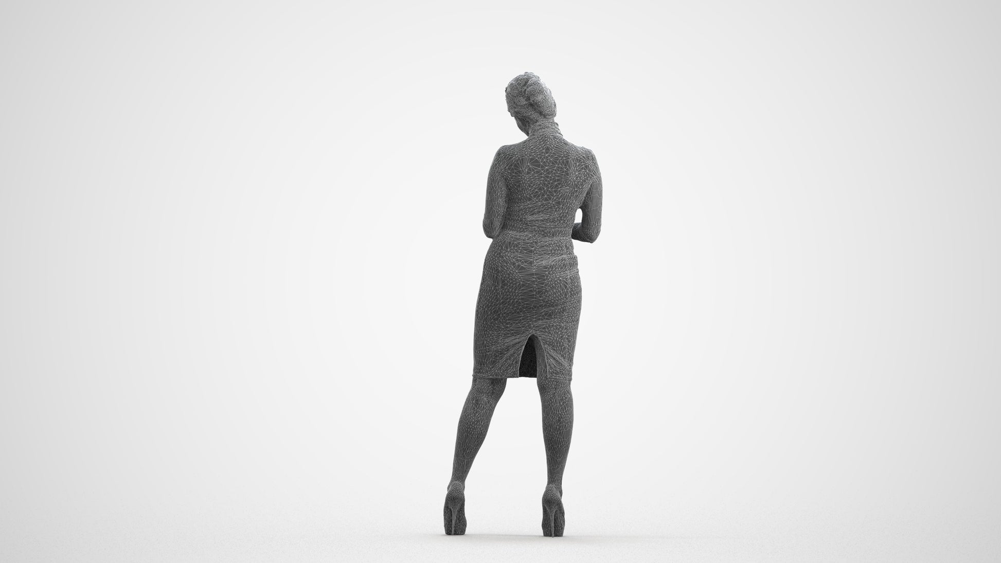 3D scanned woman standing business, photorealistic archviz people for Enscape and SketchUp, wireframe front view