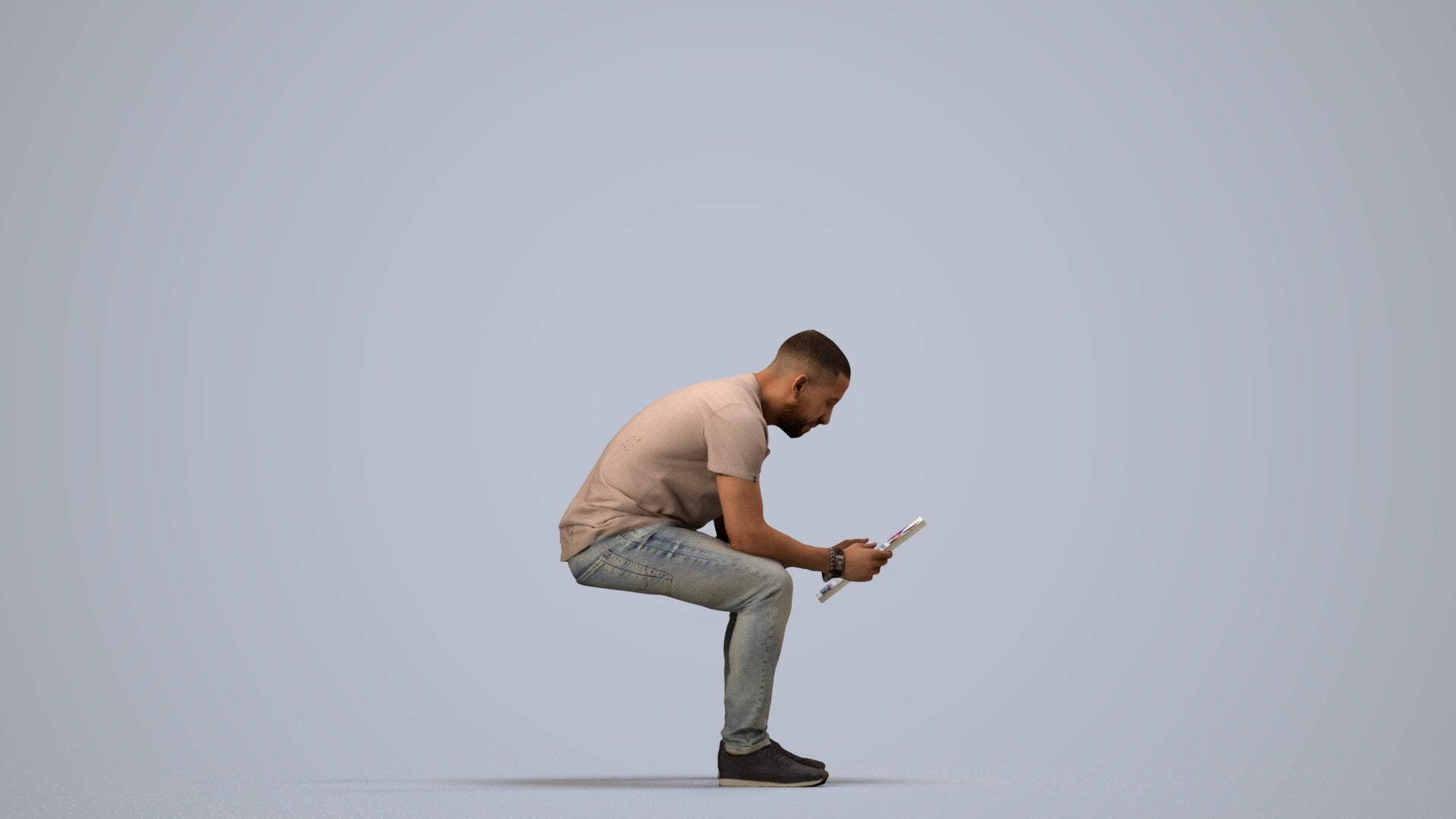 realistic 3D human man casual sitting, archviz people FBX OBJ for Blender, side view render