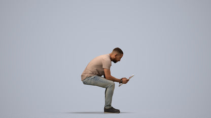 realistic 3D human man casual sitting, archviz people FBX OBJ for Blender, side view render