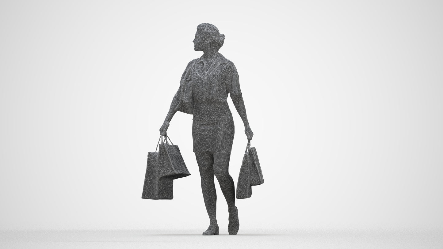 realistic 3D woman casual shopping, scanned archviz people for Blender and 3ds Max, wireframe back view