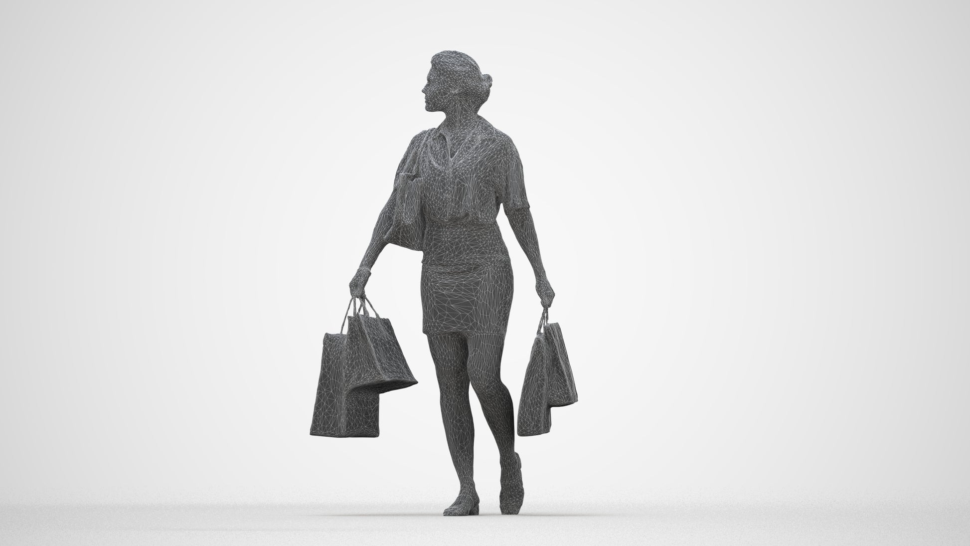 realistic 3D woman casual shopping, scanned archviz people for Blender and 3ds Max, wireframe back view