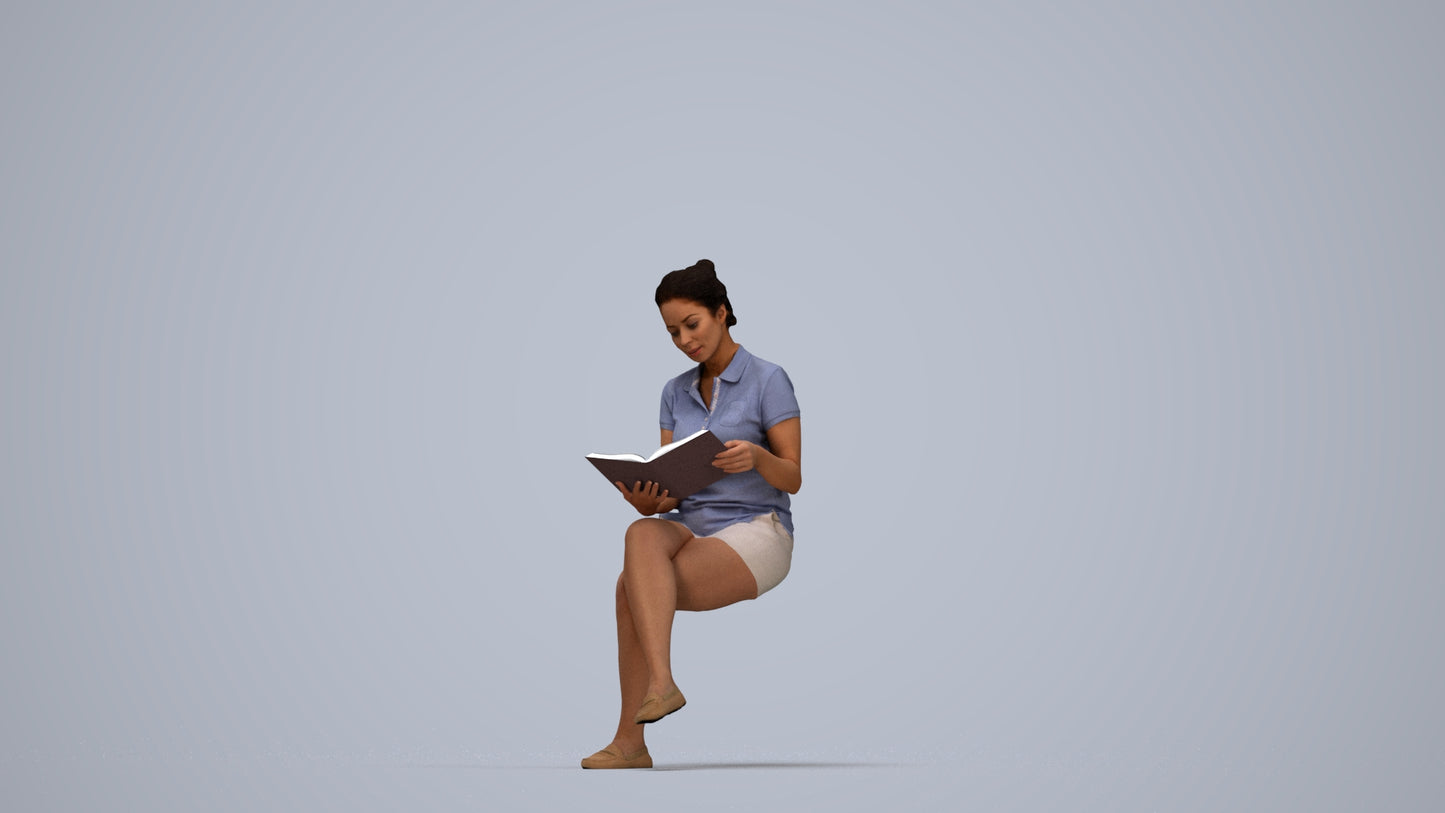 3D people model woman casual sitting, scanned human for 3ds Max rendering, top-down view render