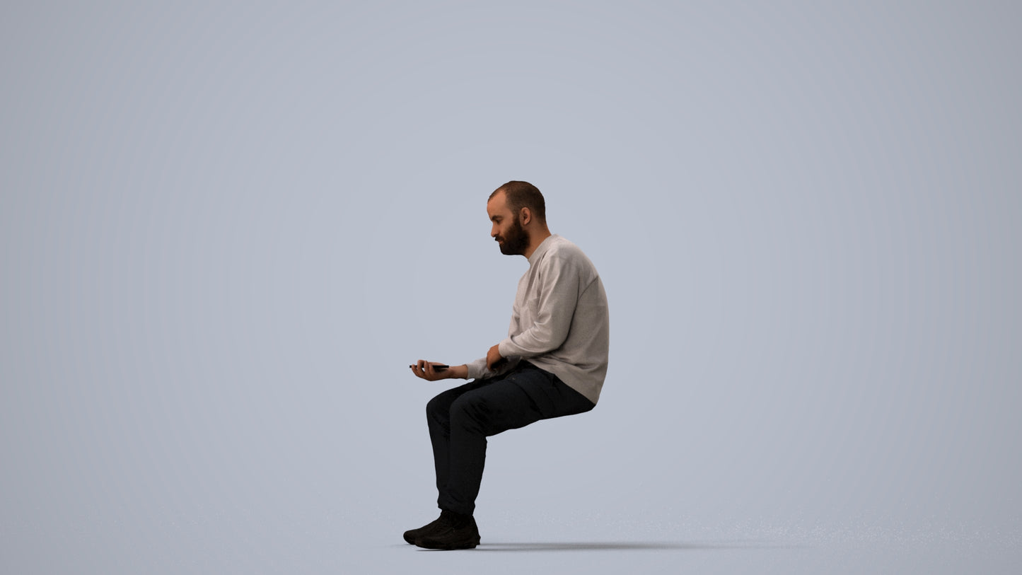 3D people model man casual sitting, scanned human for 3ds Max rendering, three-quarter view render