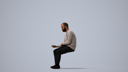 3D people model man casual sitting, scanned human for 3ds Max rendering, three-quarter view render