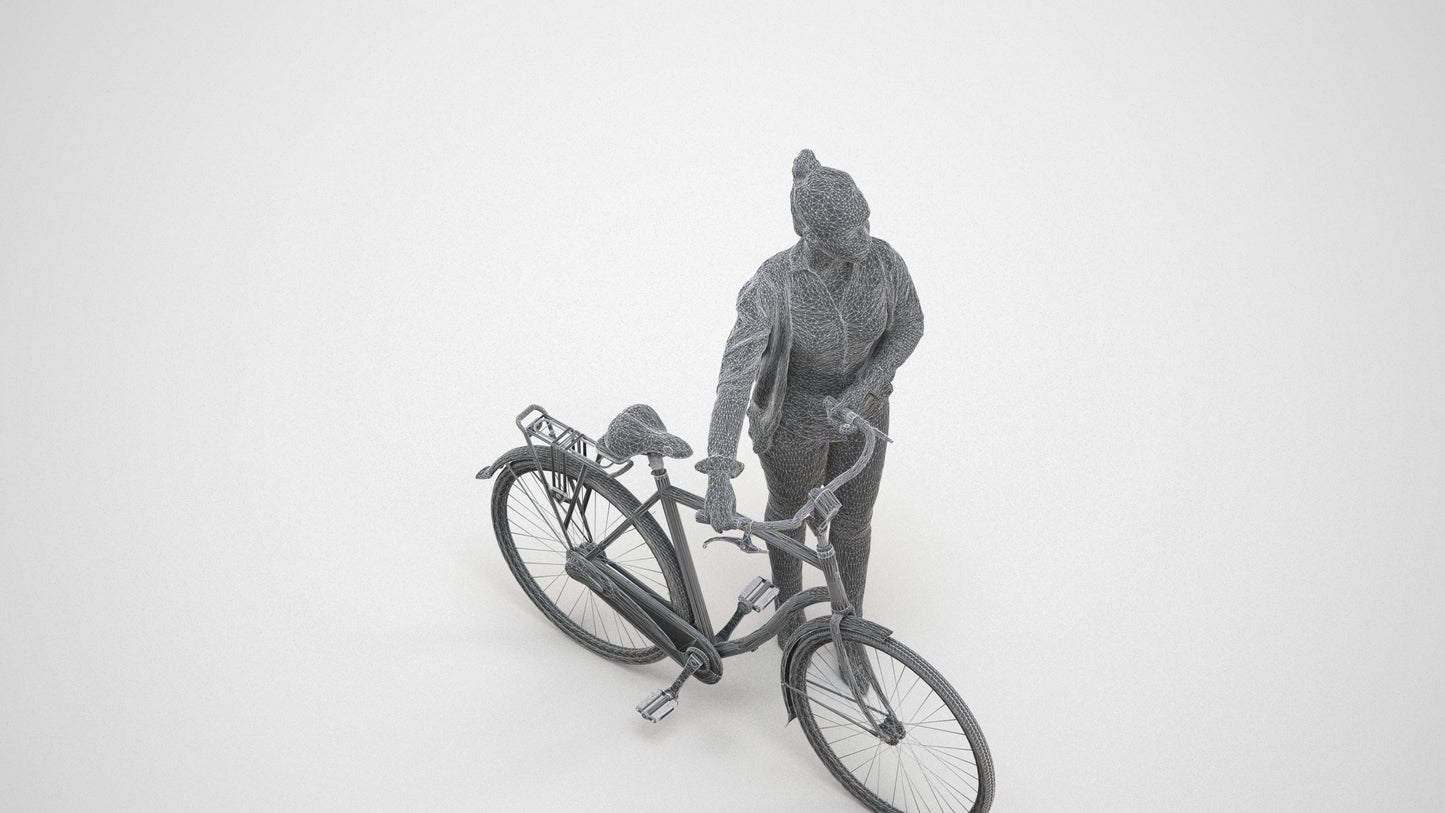 3D people model woman business cycling, scanned human for 3ds Max rendering, wireframe three-quarter view