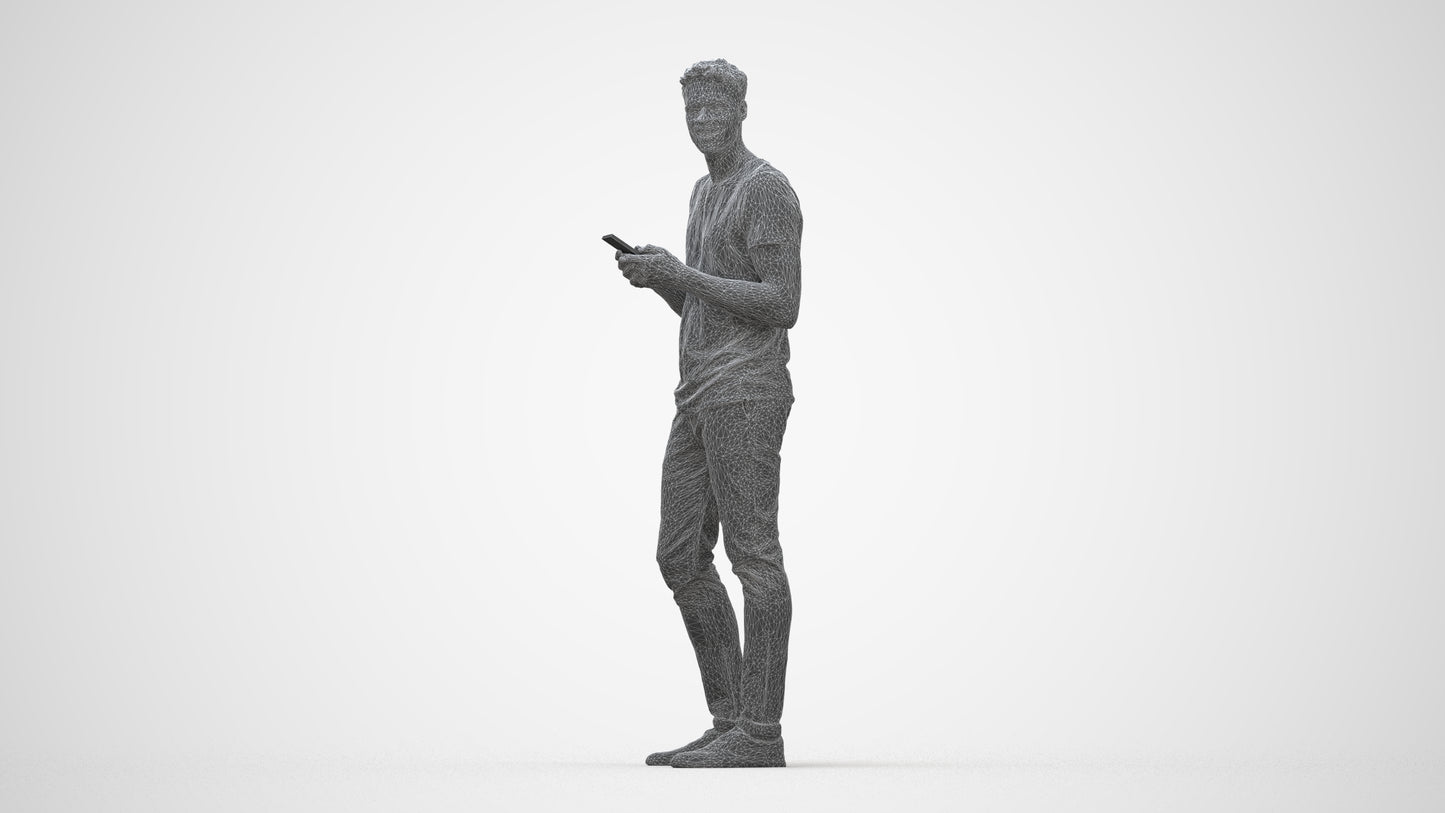 3D human model man casual standing, photogrammetry scanned person for archviz, wireframe back view