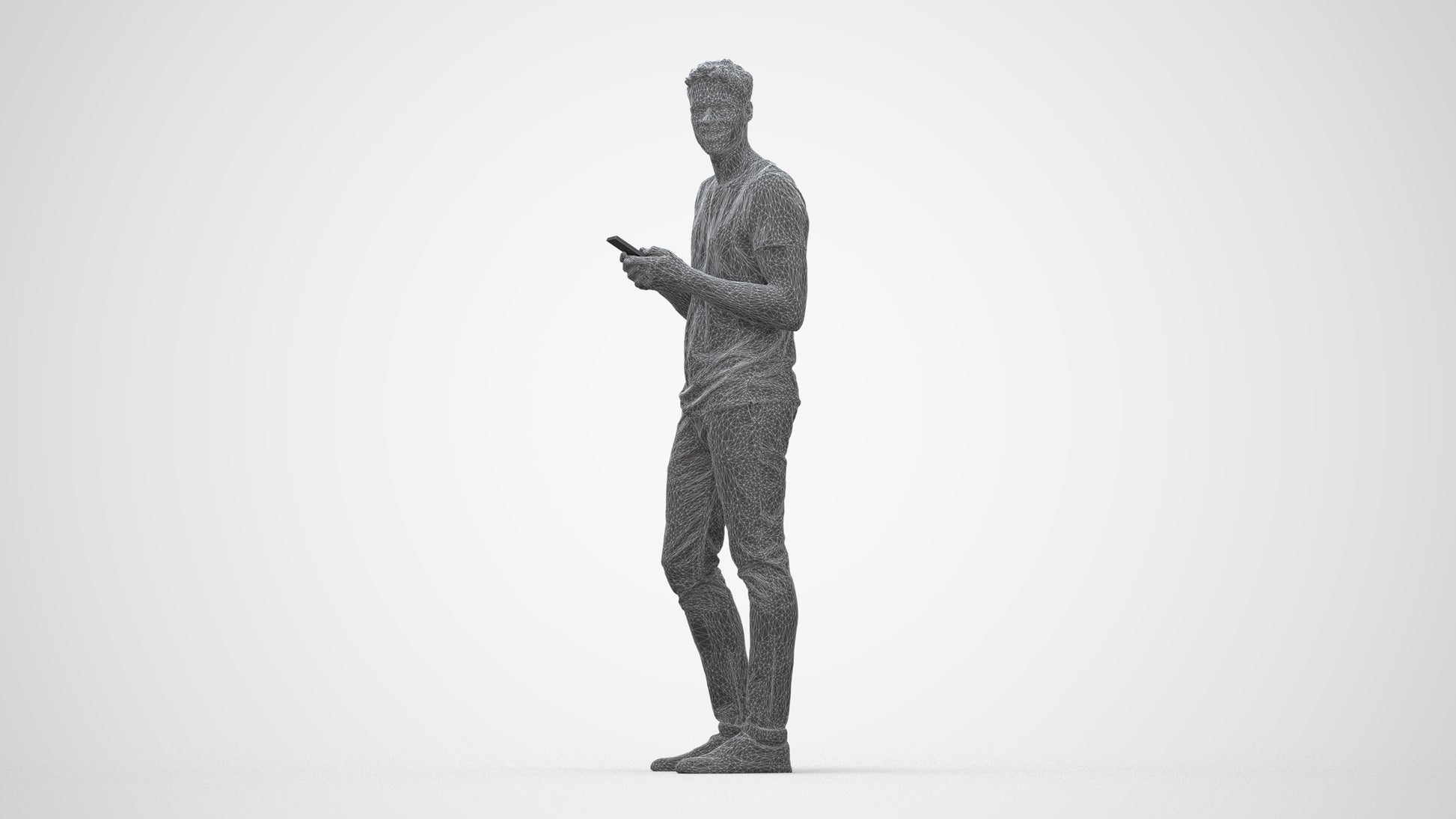 3D human model man casual standing, photogrammetry scanned person for archviz, wireframe back view