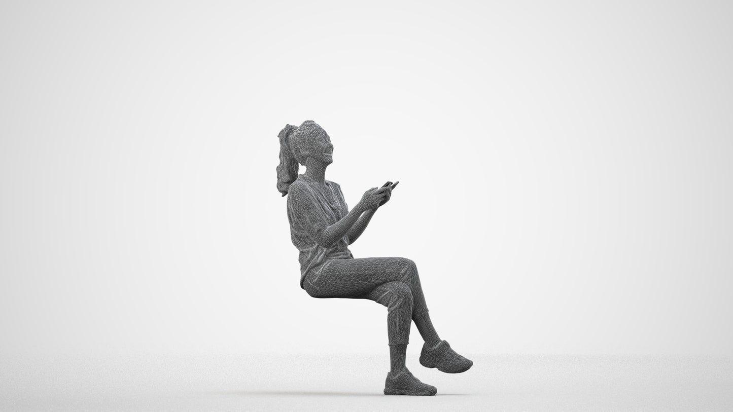 photogrammetry 3D woman casual sitting, realistic human model archviz FBX, wireframe side view