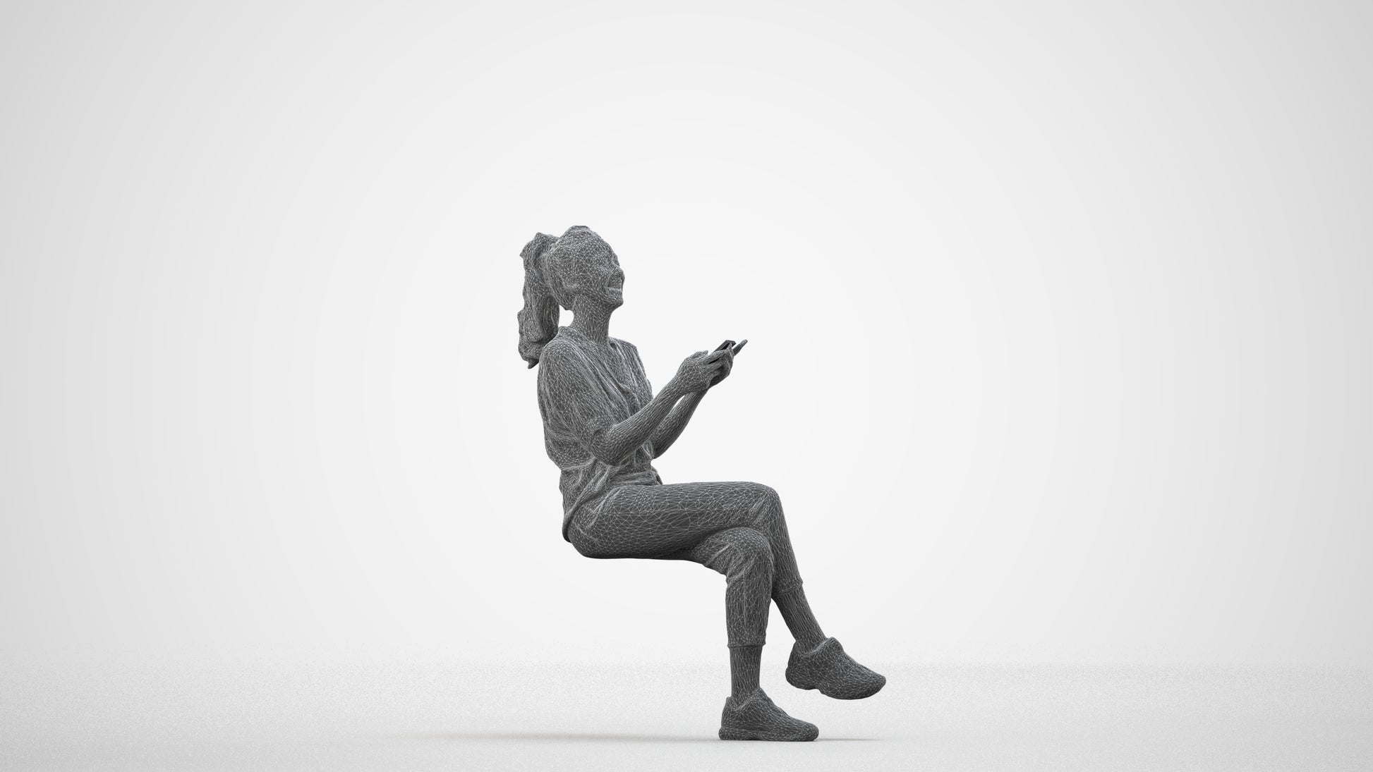 photogrammetry 3D woman casual sitting, realistic human model archviz FBX, wireframe side view