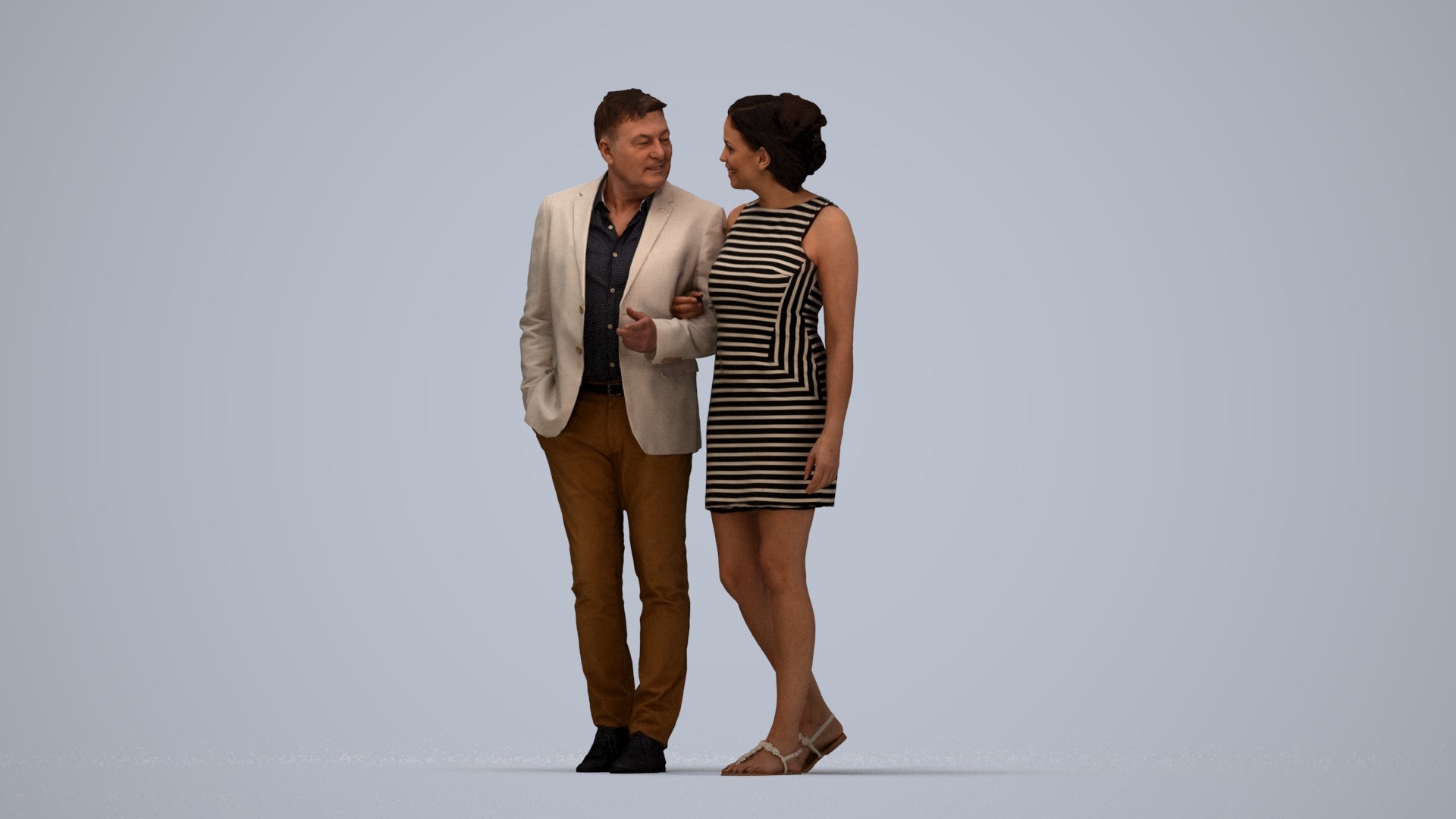 realistic 3D people woman casual couple, render-ready for V-Ray and Corona, FBX OBJ, top-down view render