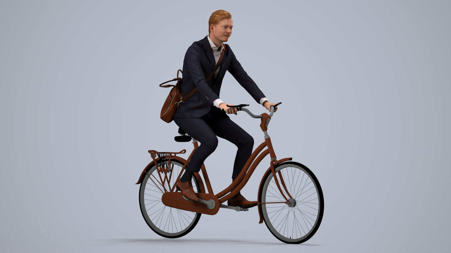 photogrammetry 3D man business cycling, realistic human model archviz FBX, side view render