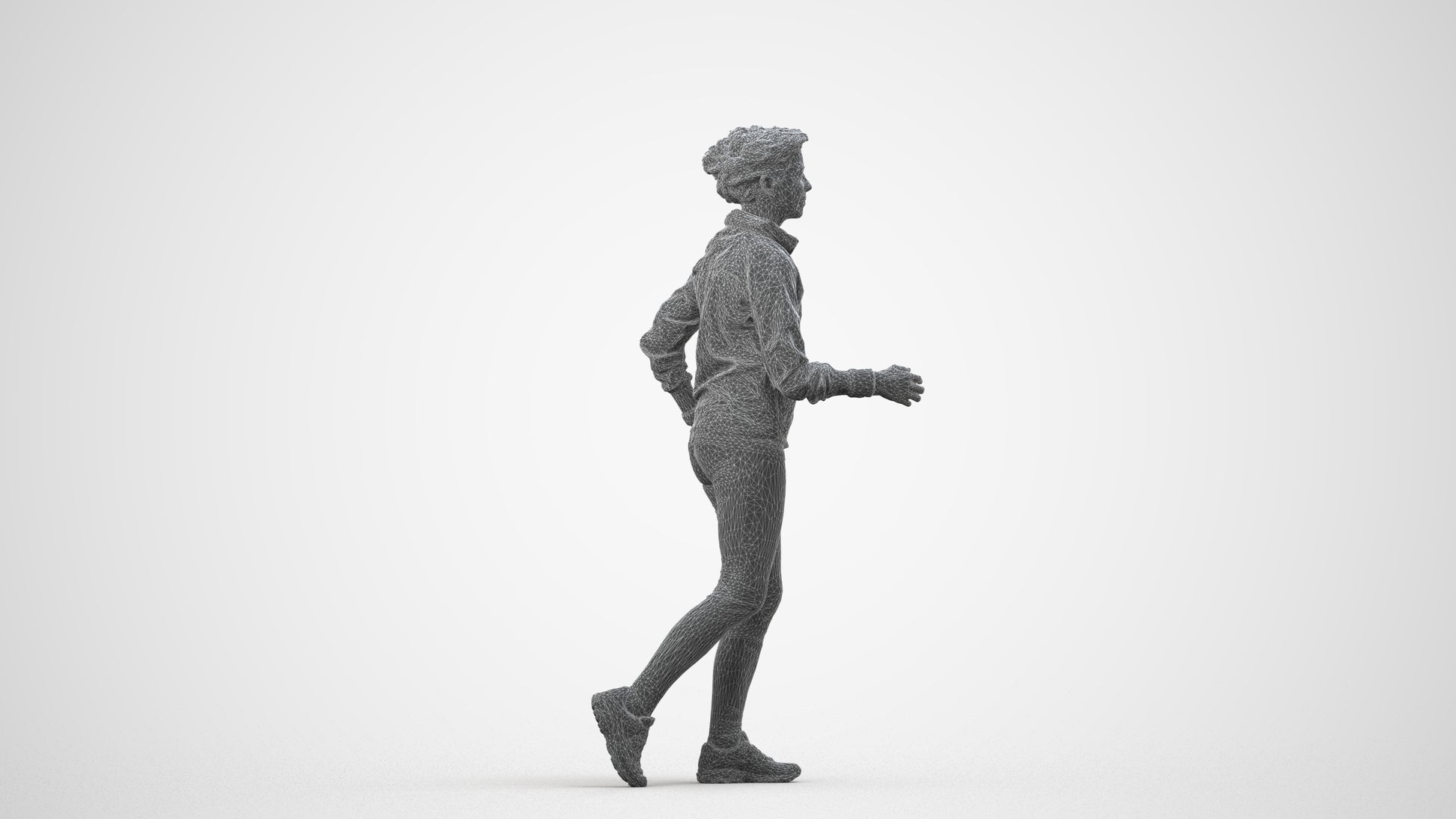 3D human model woman sport, photogrammetry scanned person for archviz, wireframe side view