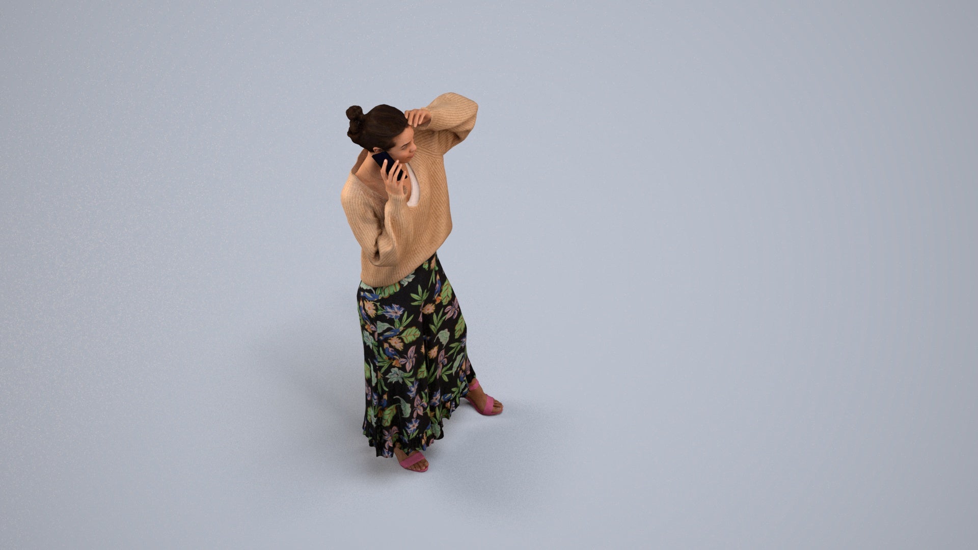 3D human model woman casual standing, photogrammetry scanned person for archviz, back view render