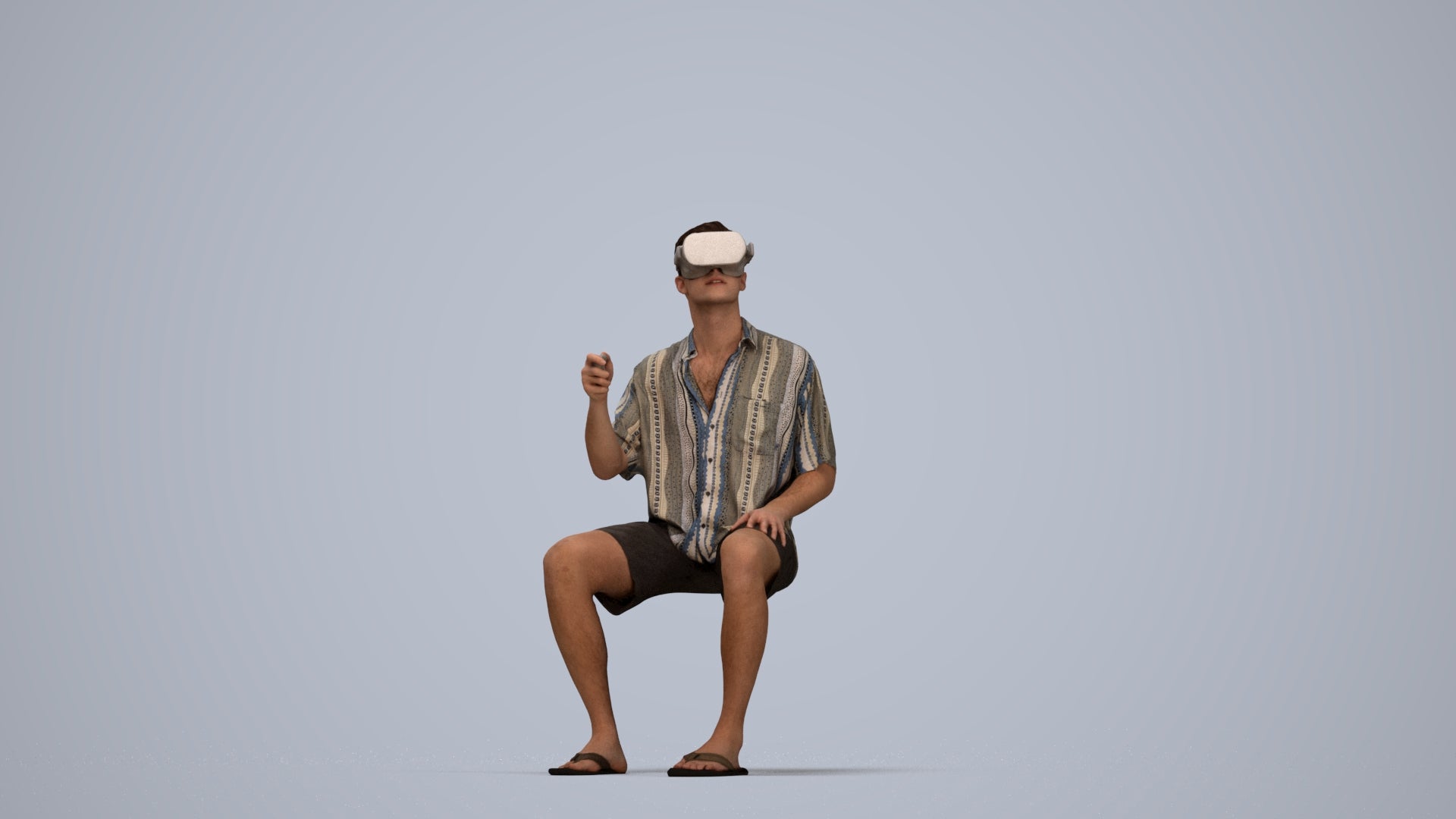 3D human model man casual sitting, photogrammetry scanned person for archviz, top-down view render