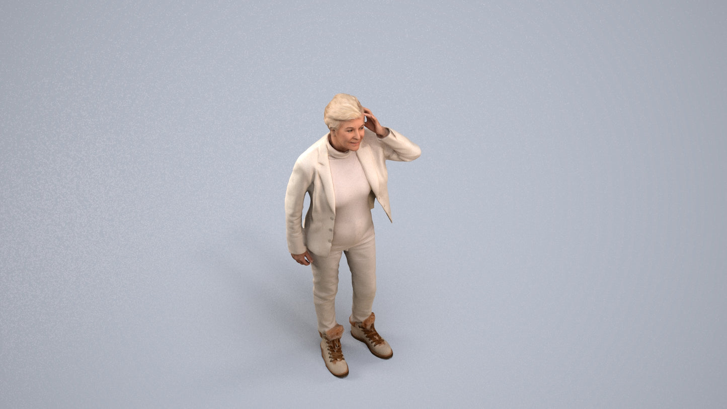 3D scanned senior woman standing business, photorealistic archviz people for Enscape and SketchUp, back view render