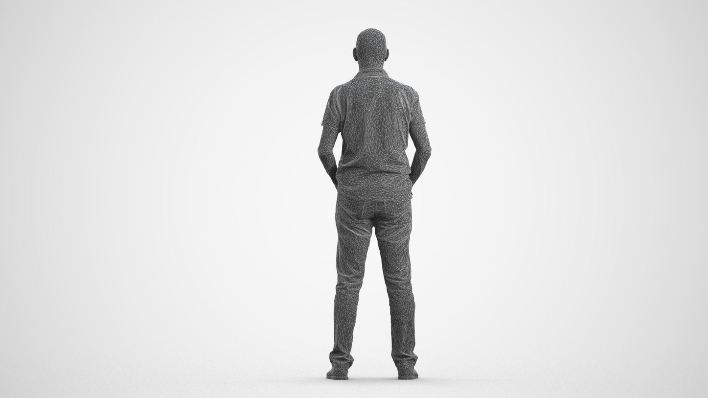 3D human model senior man casual standing, photogrammetry scanned person for archviz, wireframe front view