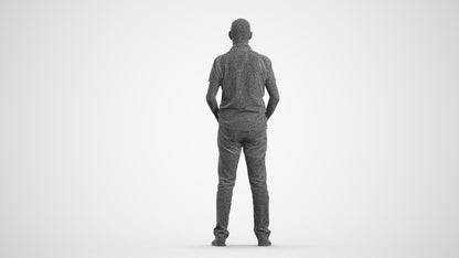 3D human model senior man casual standing, photogrammetry scanned person for archviz, wireframe front view