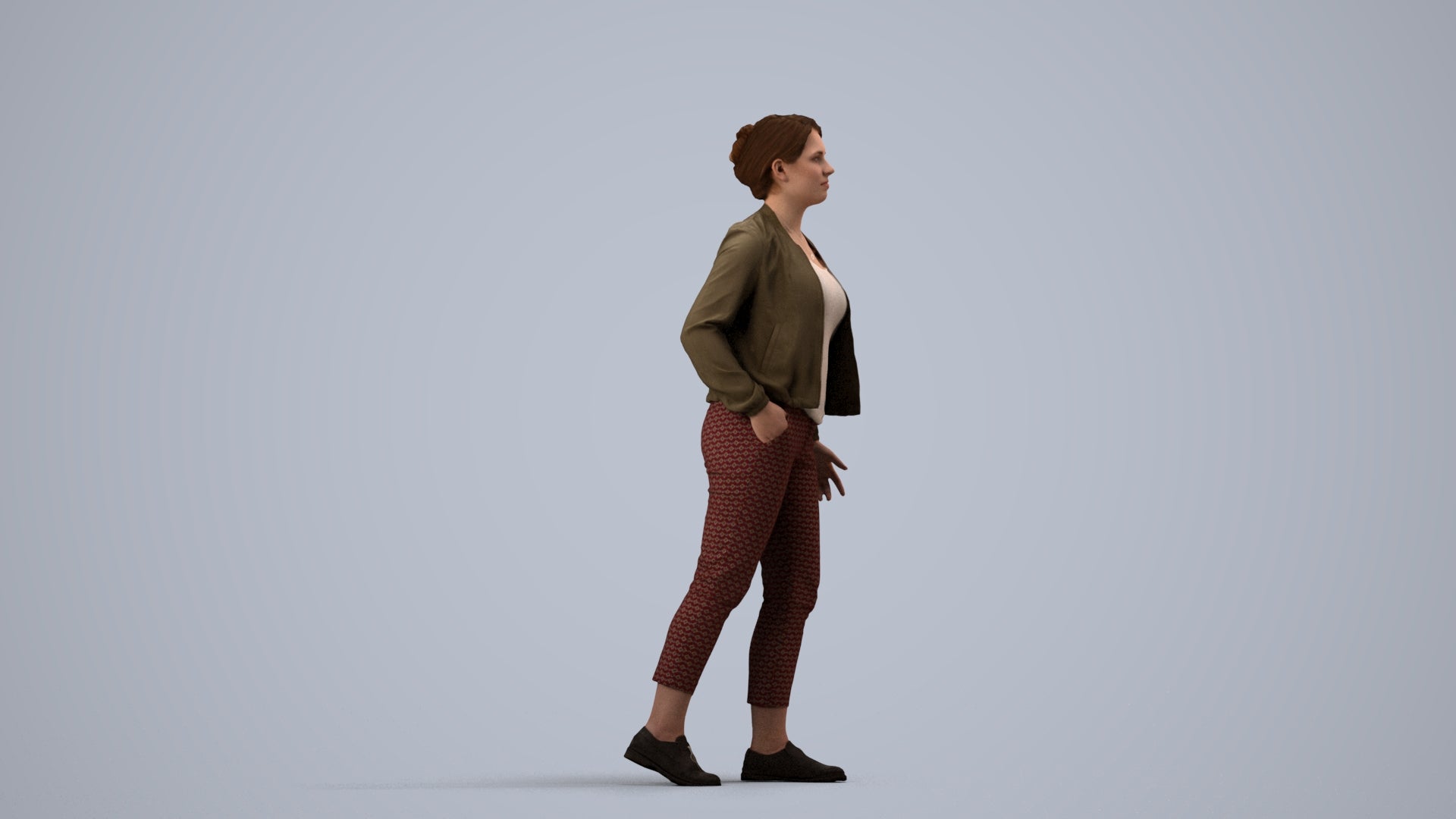 3D human model woman casual walking, photogrammetry scanned person for archviz, side view render