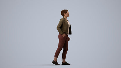 3D human model woman casual walking, photogrammetry scanned person for archviz, side view render