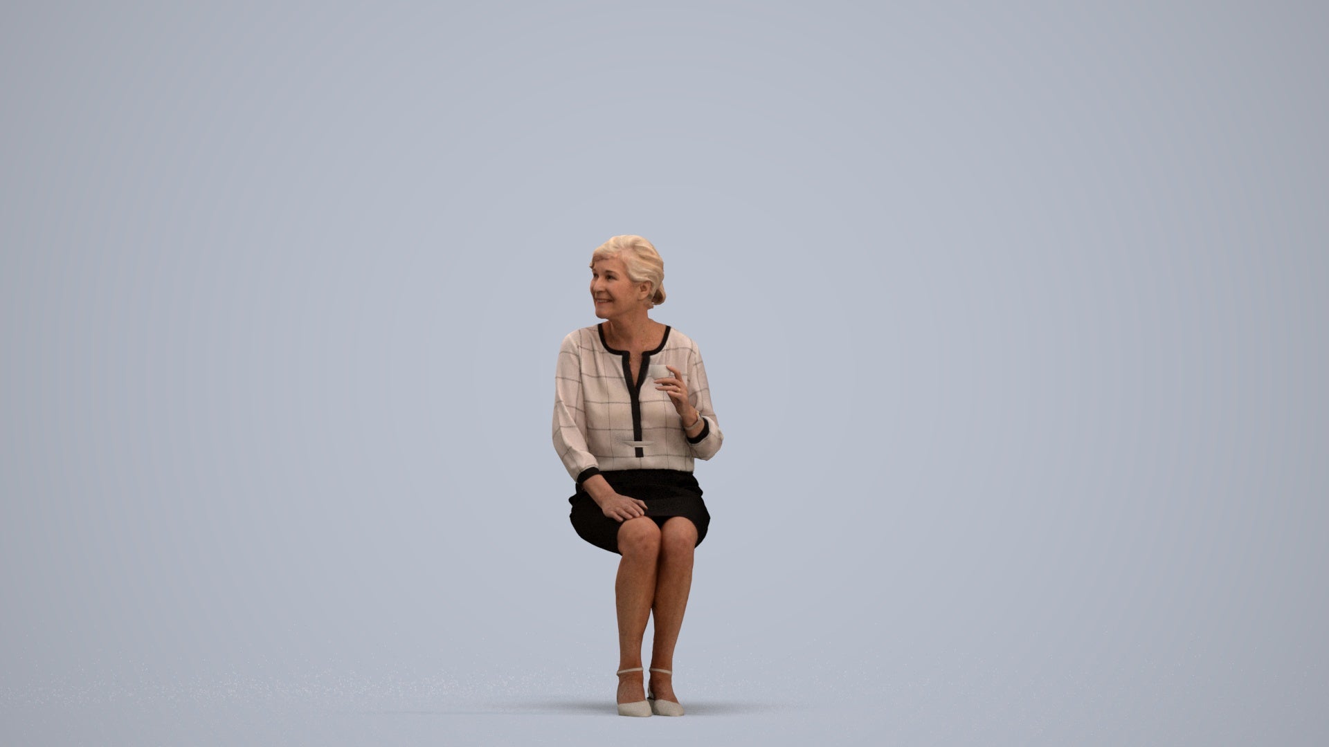 realistic 3D human senior woman casual sitting, archviz people FBX OBJ for Blender, standing pose render
