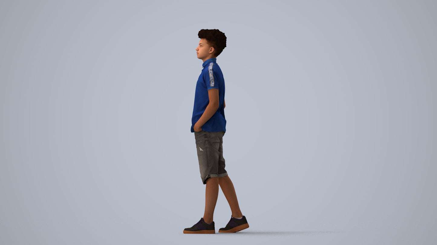 3D scanned boy kids casual, photorealistic archviz people for Enscape and SketchUp, three-quarter view render