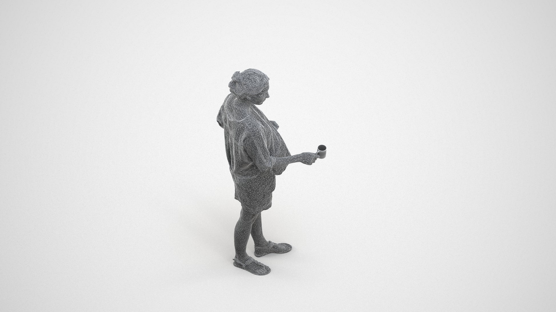 realistic 3D woman casual standing, scanned archviz people for Blender and 3ds Max, wireframe three-quarter view