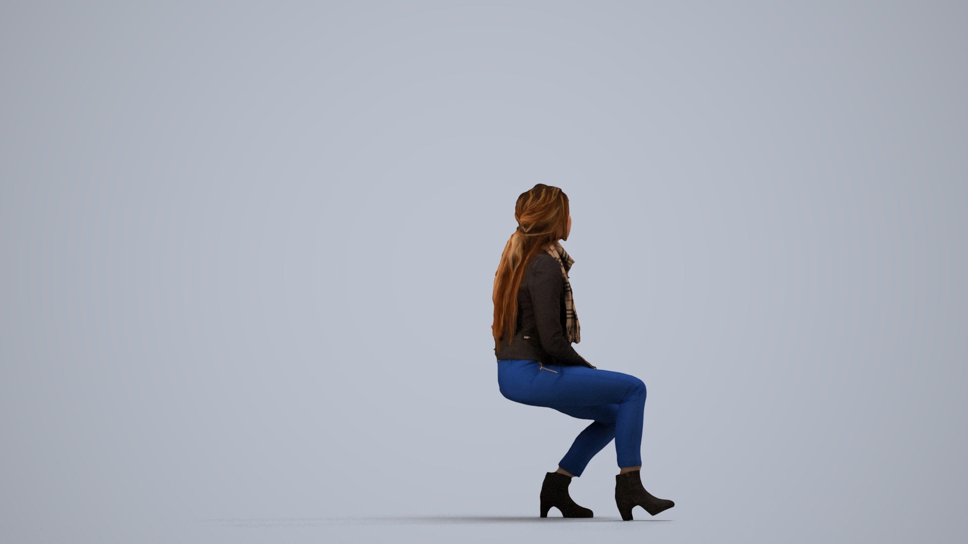 3D human model woman casual sitting, photogrammetry scanned person for archviz, side view render