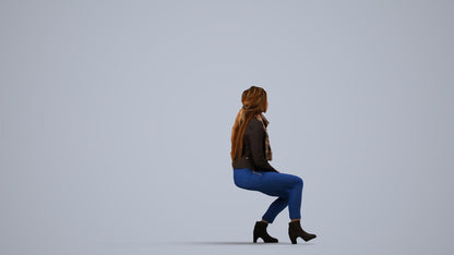 3D human model woman casual sitting, photogrammetry scanned person for archviz, side view render