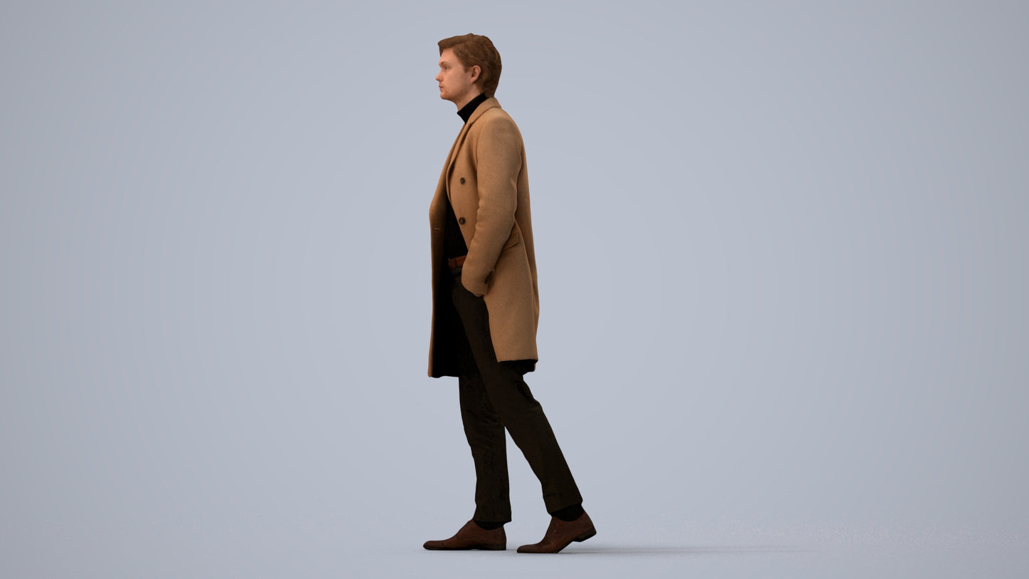 photogrammetry 3D man business walking, realistic human model archviz FBX, three-quarter view render
