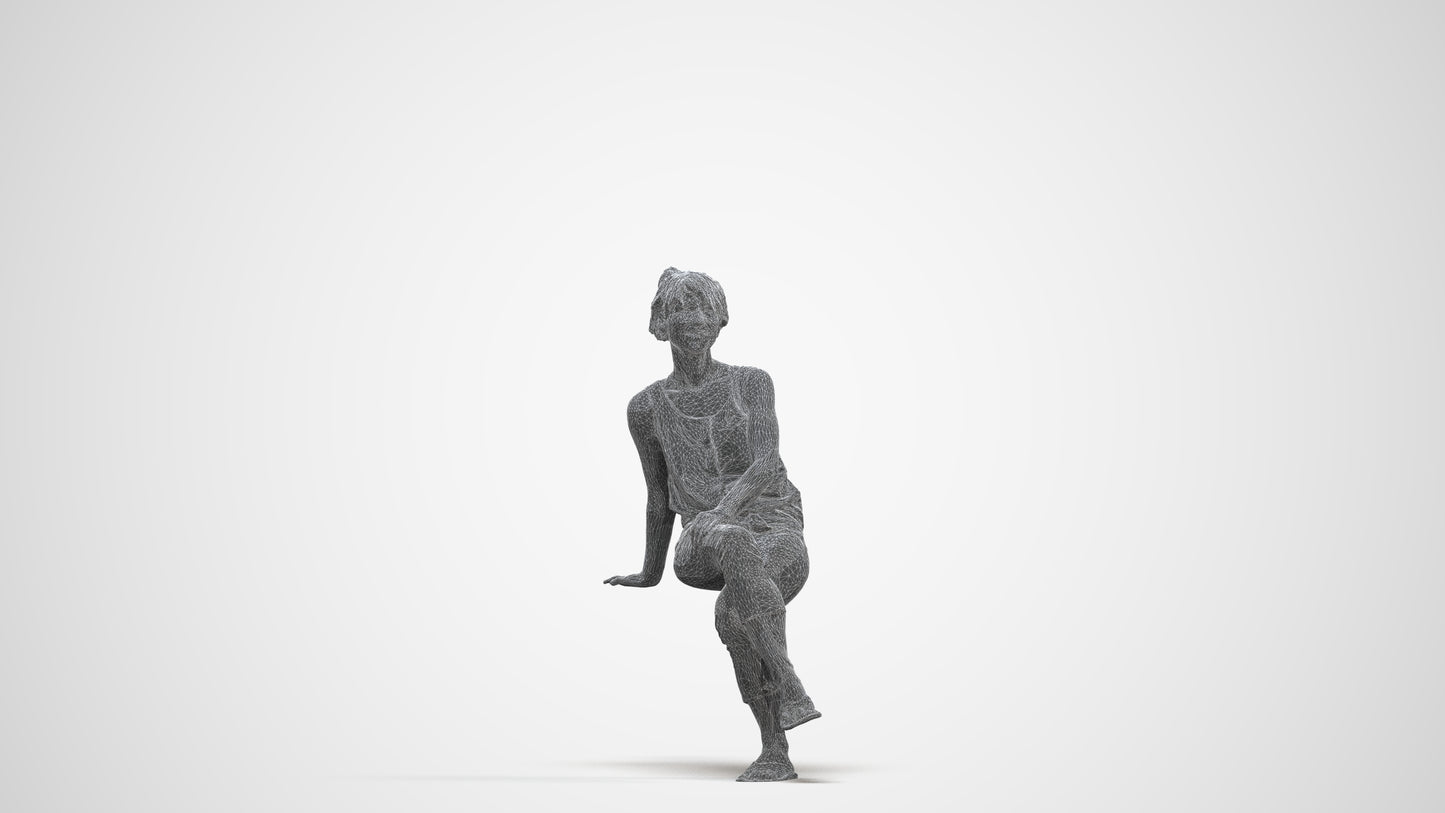 3D human model senior woman sitting, photogrammetry scanned person for archviz, three-quarter front view render