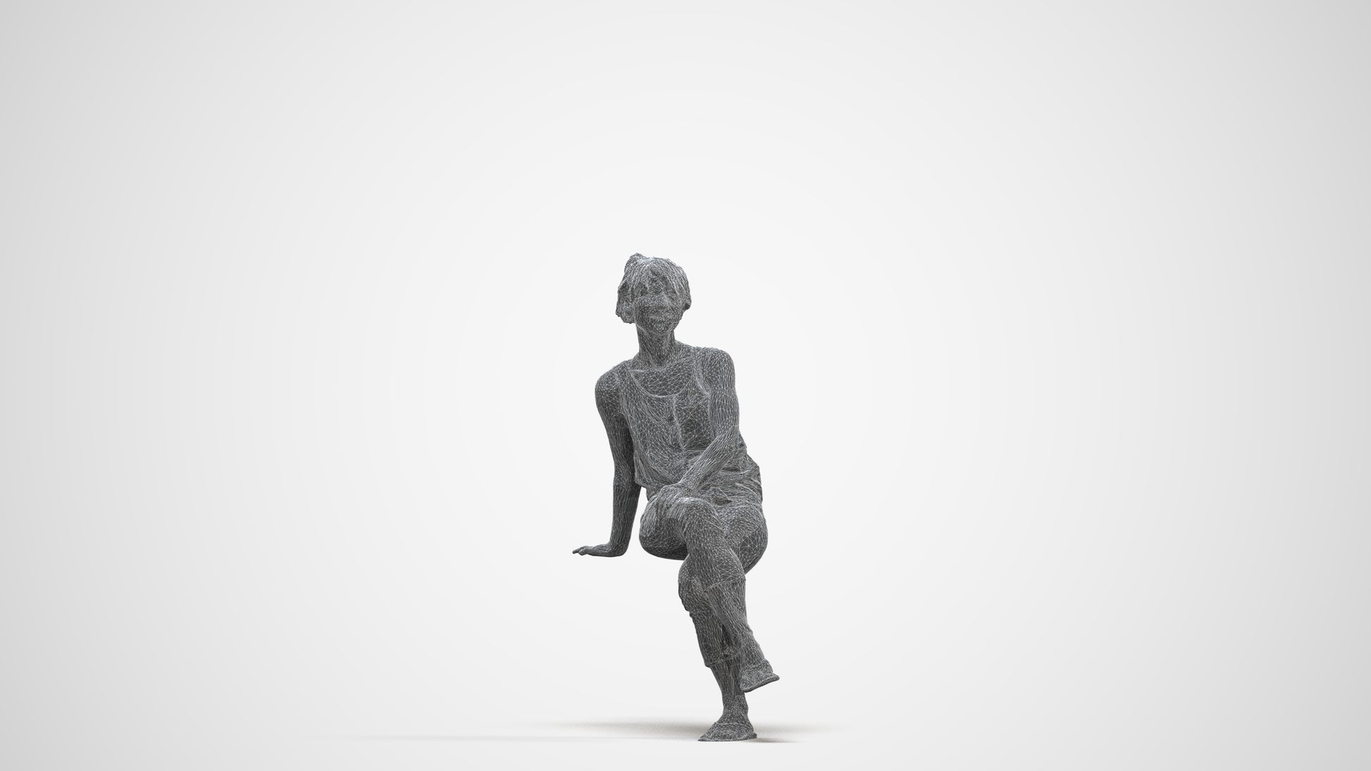 3D human model senior woman sitting, photogrammetry scanned person for archviz, three-quarter front view render