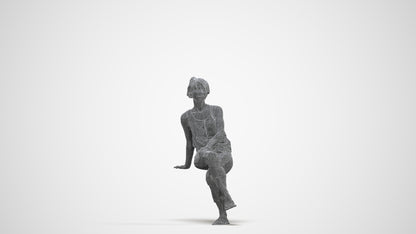 3D human model senior woman sitting, photogrammetry scanned person for archviz, three-quarter front view render
