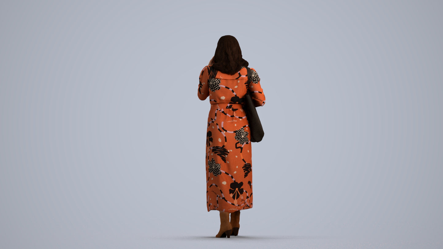 3D human model woman casual walking, photogrammetry scanned person for archviz, front view render