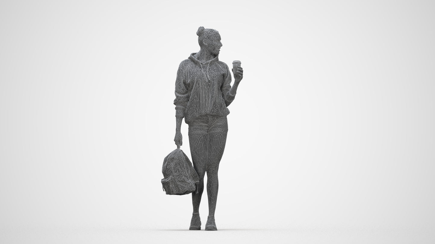 realistic 3D woman casual walking, scanned archviz people for Blender and 3ds Max, wireframe back view