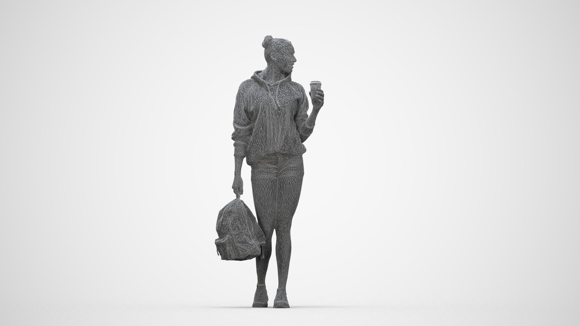 realistic 3D woman casual walking, scanned archviz people for Blender and 3ds Max, wireframe back view