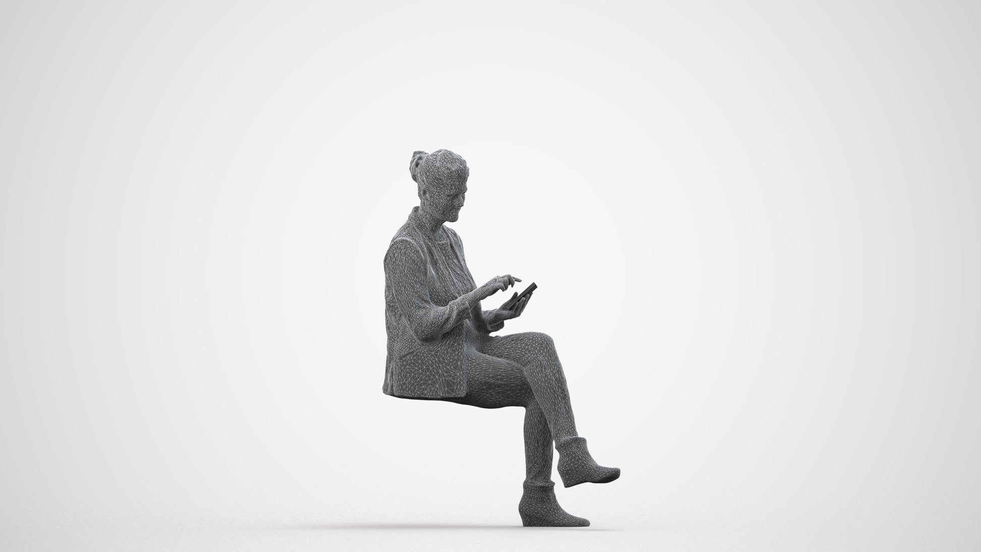 3D human model woman business sitting, photogrammetry scanned person for archviz, wireframe side view