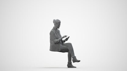 3D human model woman business sitting, photogrammetry scanned person for archviz, wireframe side view