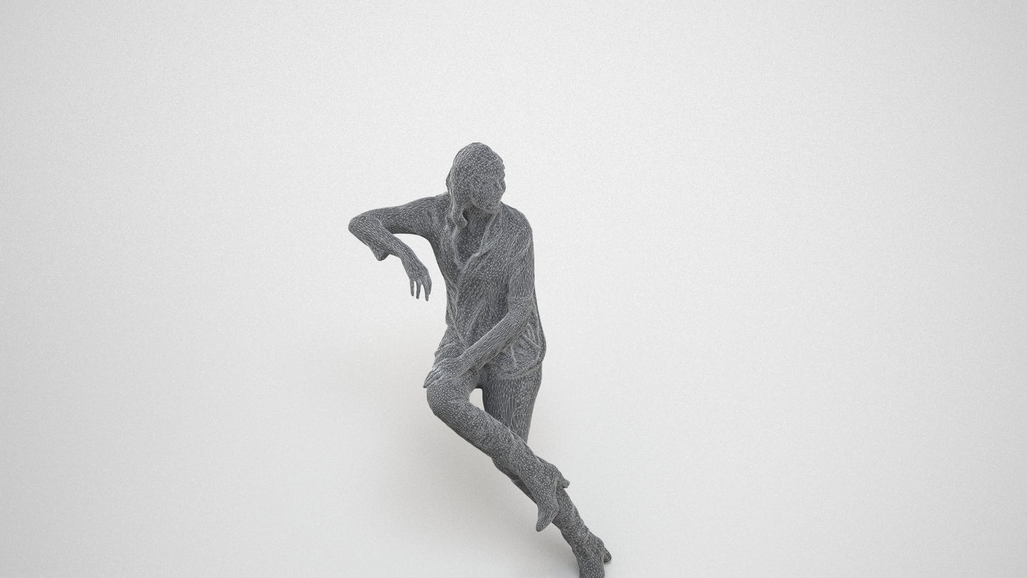 3D human model woman casual sitting, photogrammetry scanned person for archviz, wireframe three-quarter view