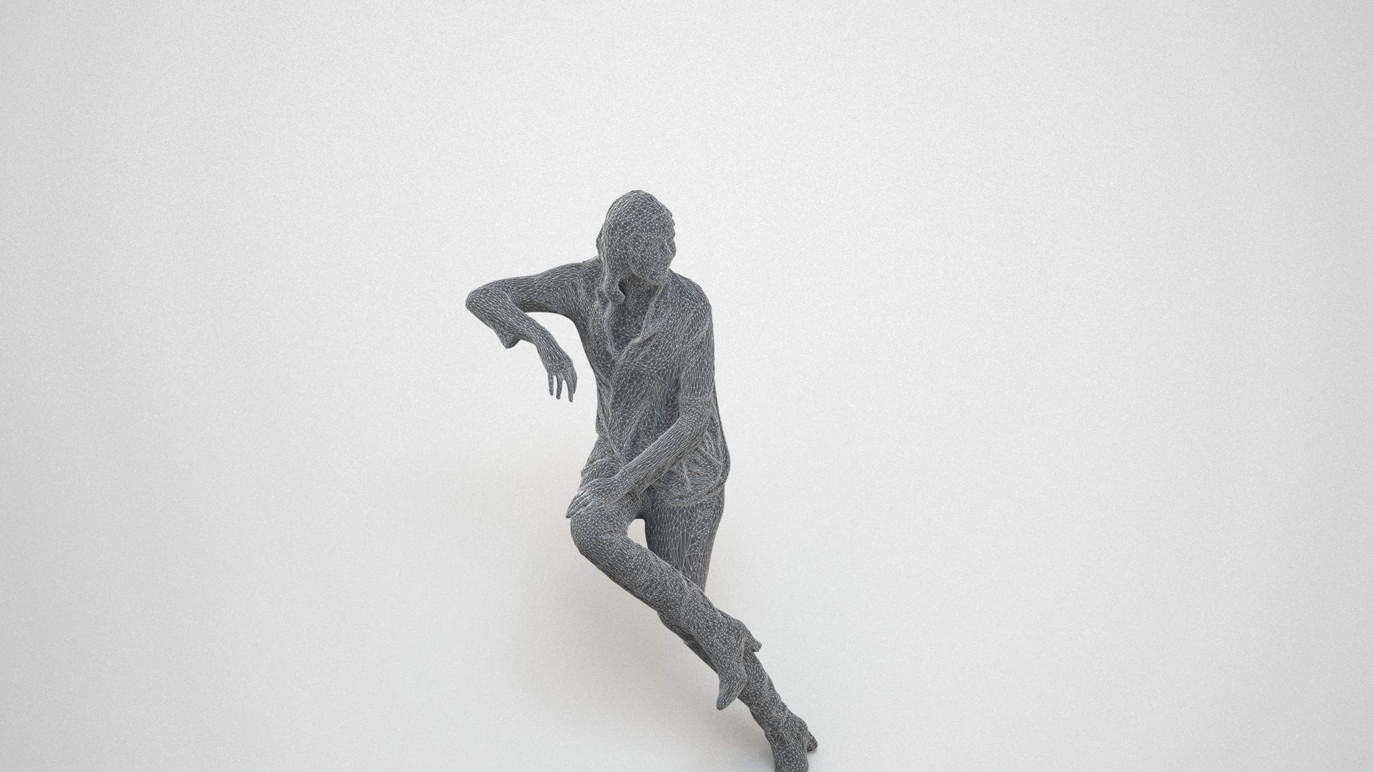 3D human model woman casual sitting, photogrammetry scanned person for archviz, wireframe three-quarter view