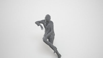 3D human model woman casual sitting, photogrammetry scanned person for archviz, wireframe three-quarter view
