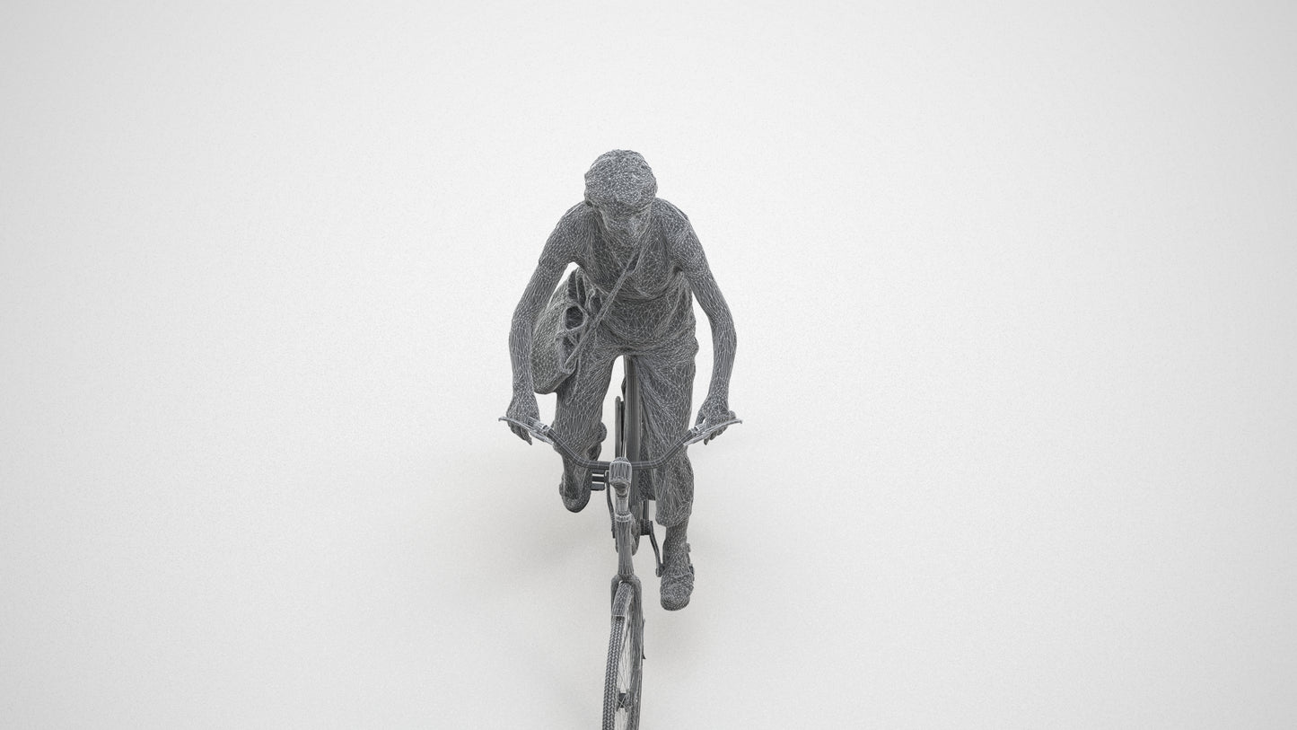 3D scanned senior woman cycling casual, photorealistic archviz people for Enscape and SketchUp, wireframe three-quarter view