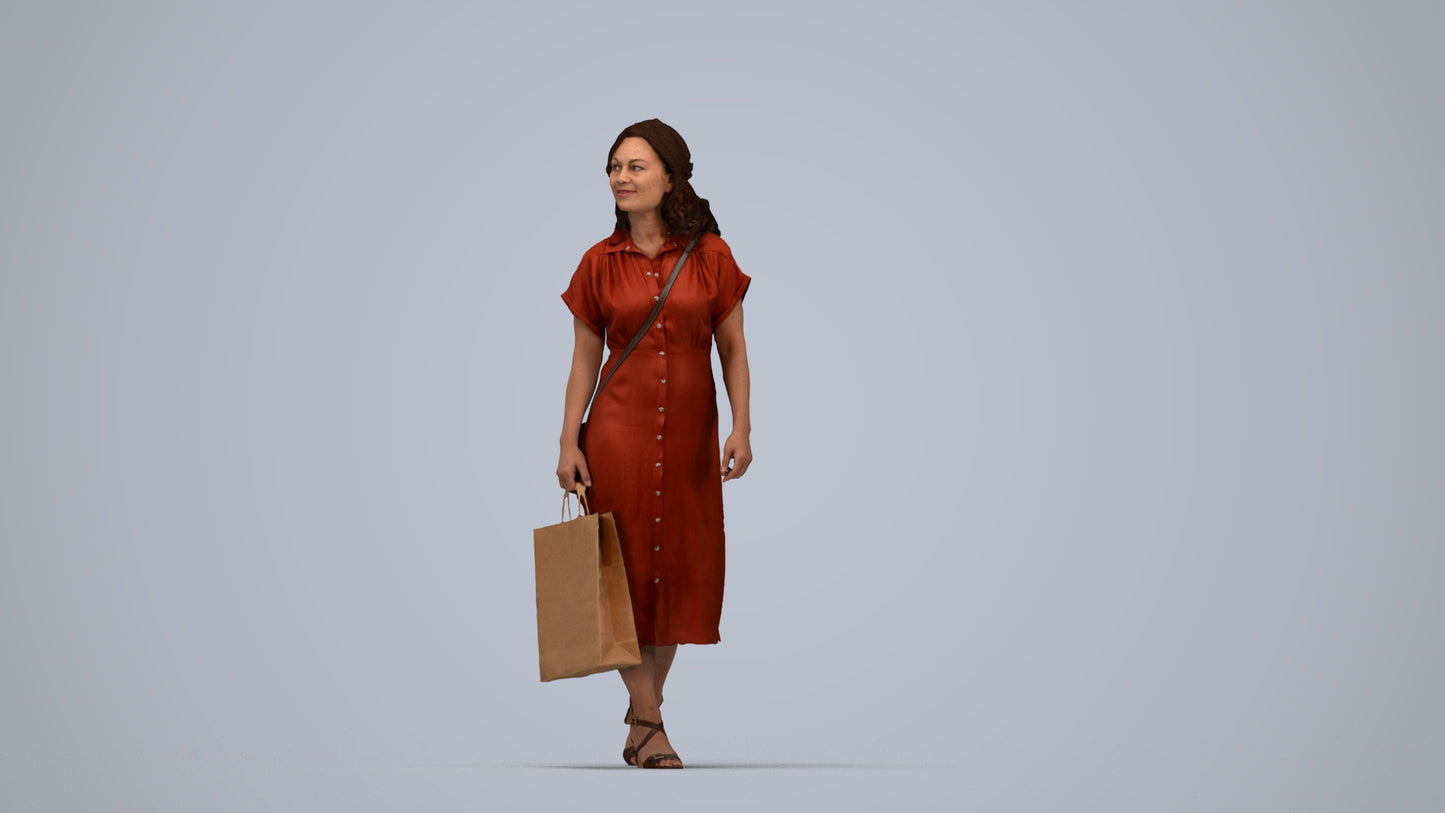 photogrammetry 3D woman casual walking, realistic human model archviz FBX, top-down view render