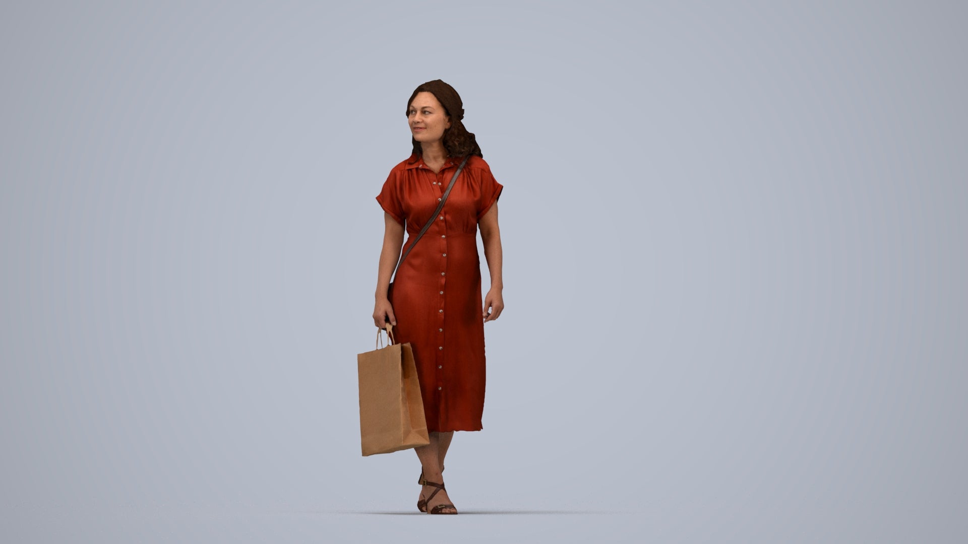 photogrammetry 3D woman casual walking, realistic human model archviz FBX, top-down view render