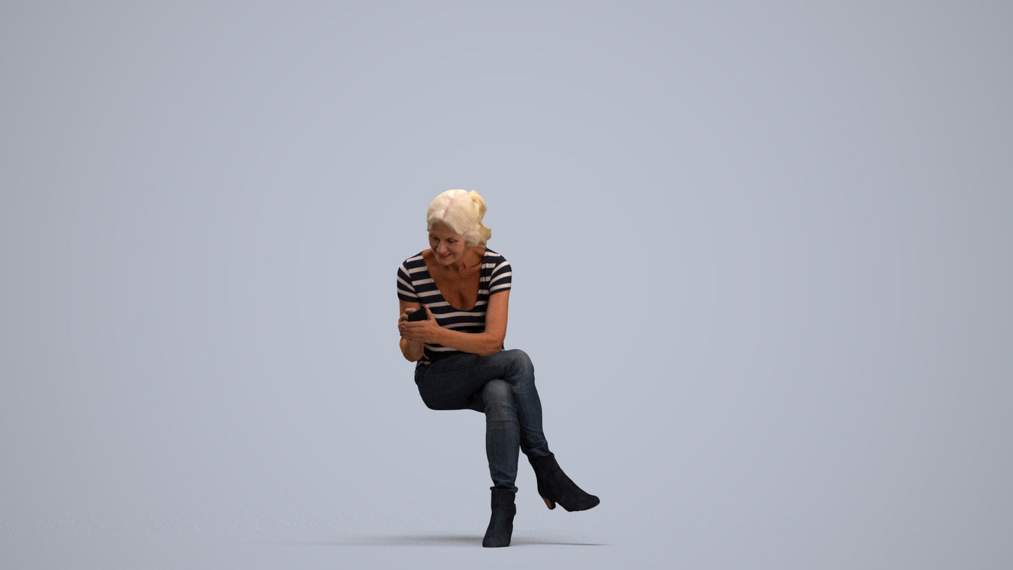 realistic 3D human senior woman casual sitting, archviz people FBX OBJ for Blender, standing pose render