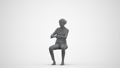 realistic 3D human woman casual sitting, archviz people FBX OBJ for Blender, three-quarter front view render