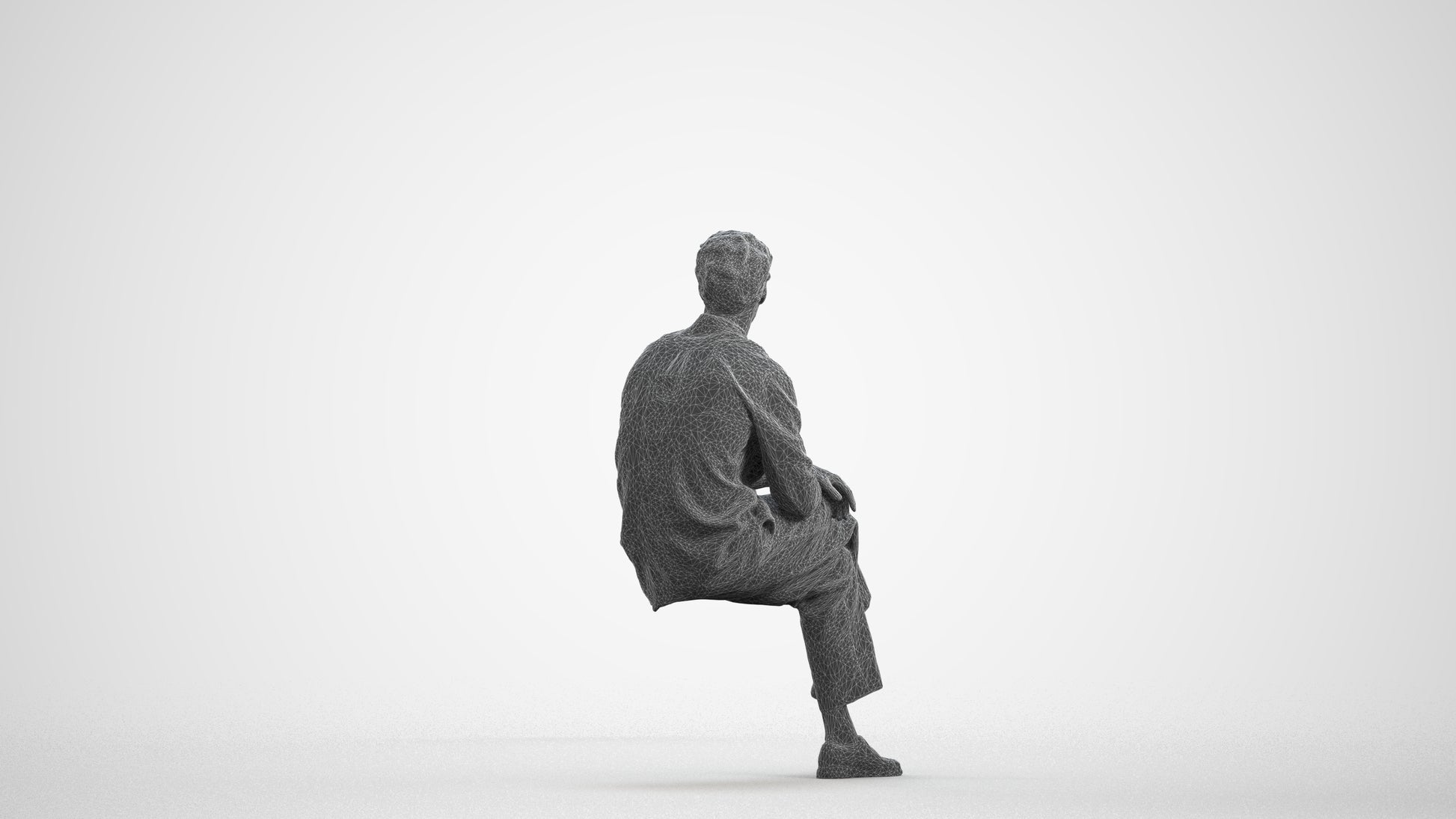 3D scanned man sitting casual, photorealistic archviz people for Enscape and SketchUp, wireframe front view