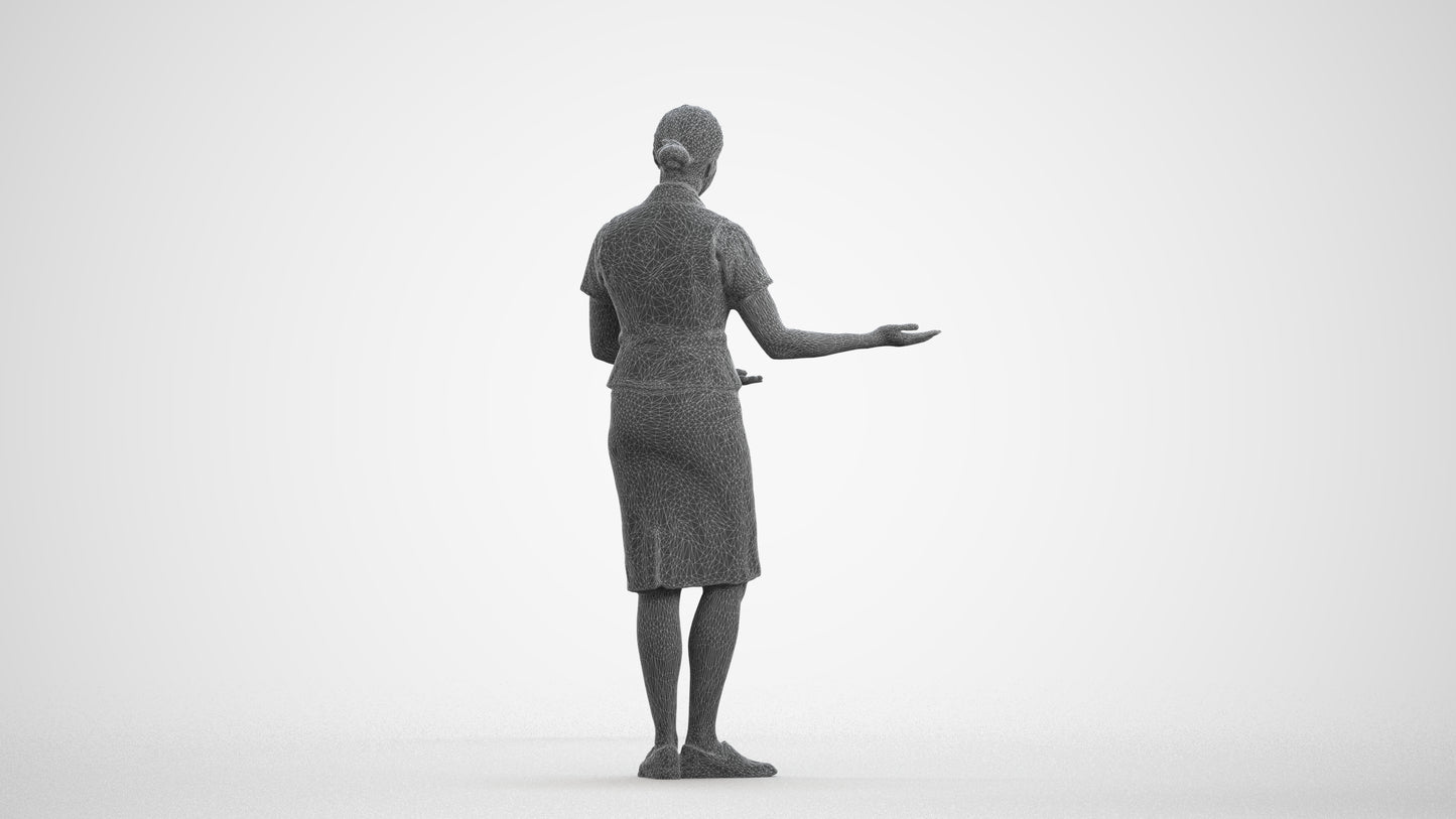 3D scanned woman hospitality, photorealistic archviz people for Enscape and SketchUp, wireframe front view