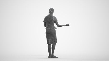 3D scanned woman hospitality, photorealistic archviz people for Enscape and SketchUp, wireframe front view
