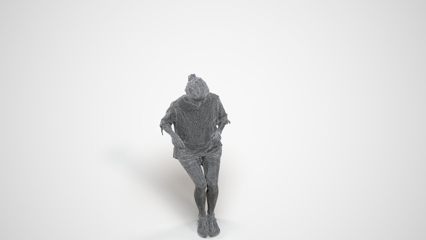 realistic 3D human woman casual sitting, archviz people FBX OBJ for Blender, wireframe three-quarter view
